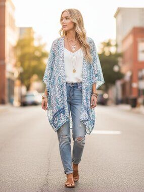 H&M Divided M Kimono Top Blue White Floral Paisley Boho Flowy Coastal Beach Chic